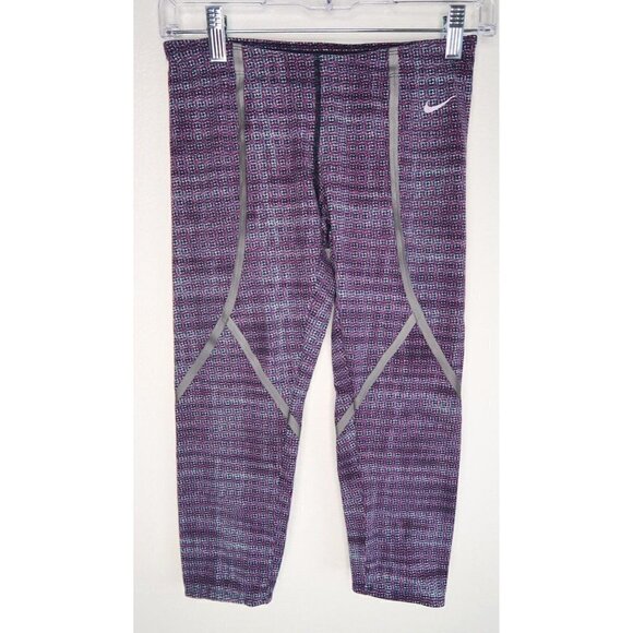 Nike Purple Patterned Reflective Crop Leggings Capri Cell Pocket Women's XS EUC - Picture 1 of 9
